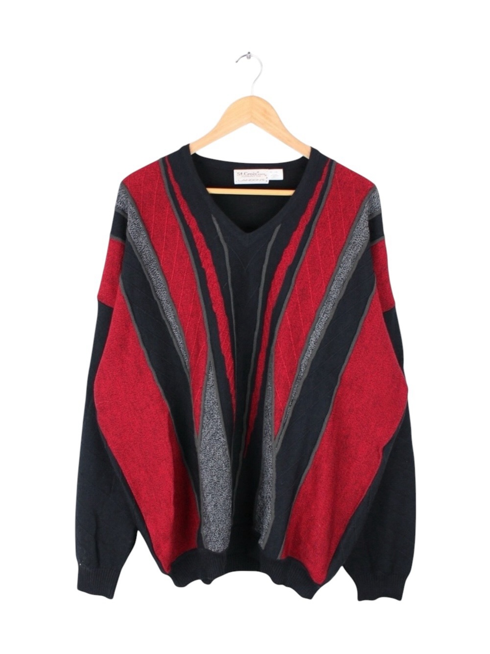 St. Croix V-Neck Coogi Style Sweater Geometric Wool Blend Red Black‎ XXL